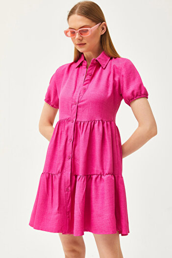 Olalook Women's Fuchsia Piece Linen Shirt Dress ELB-19002075
