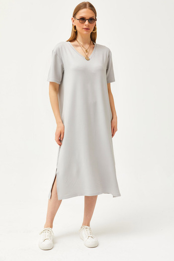 Olalook Γυναικείο φόρεμα Dolphin Grey V-λαιμόκοψη στο πλάι με απαλή υφή ELB-19002063