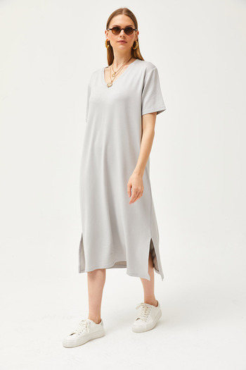 Olalook Γυναικείο φόρεμα Dolphin Grey V-λαιμόκοψη στο πλάι με απαλή υφή ELB-19002063