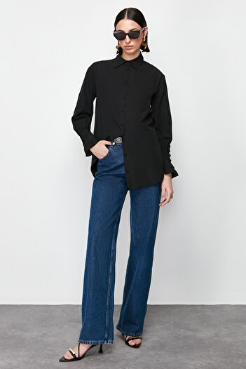 Trendyol Modest Black Ruffle Detailed Cotton Woven Shirt TCTAW24TG00016