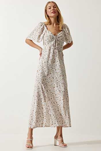Happiness İstanbul Women's Ecru Slit Detailed Flounce Viscose Dress UB00247