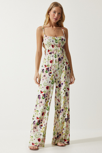 Happiness İstanbul Women's Ecru Green Window Detailed Patterned Knitted Jumpsuit UB00245