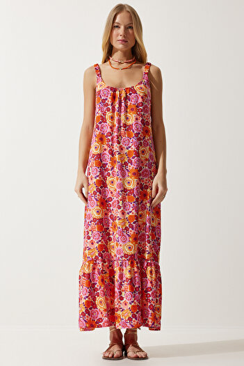 Happiness İstanbul Orangefarbenes, gemustertes langes Strickkleid mit elastischen Trägern für Damen UB00242