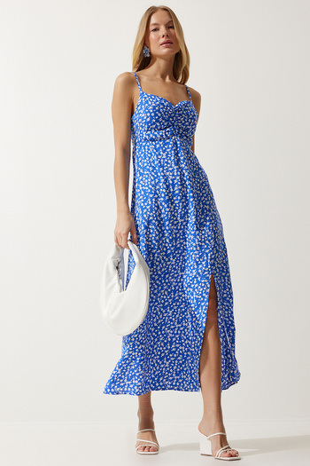 Happiness İstanbul Rochie de damă din viscoză albastră cu modele cu bretele UB00236
