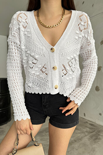 LE CARAMBOLE Women's White Pompom Detailed Knitwear Cardigan
