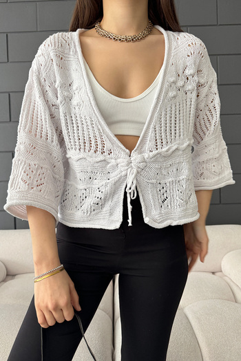 LE CARAMBOLE Women's White Front Tie Knitwear Cardigan