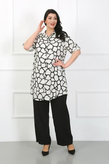 By Alba Collection Women's White Patterned Cotton Viscose Large Size Tunic
