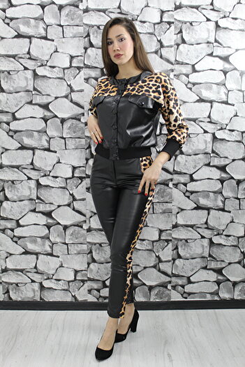 1Moda1Tarz Women's Mink Leopard Pattern Buttoned Jacket Pocket Zippered Leopard Pattern Trousers Leather Bottom-Top Set