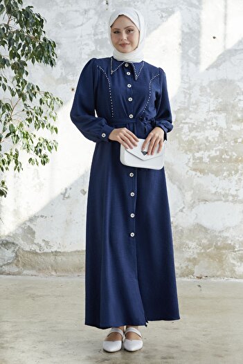 InStyle Beaded Buttoned Linen Dress - Navy Blue