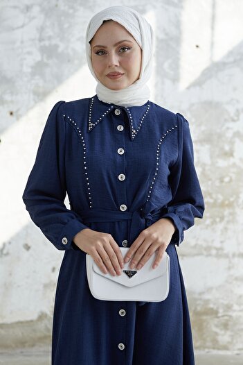 InStyle Beaded Buttoned Linen Dress - Navy Blue
