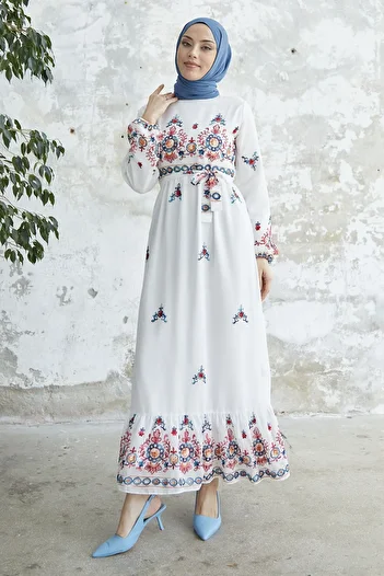 InStyle Embroidered Skirt Ruffle Chiffon Dress - White