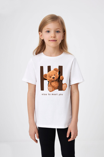 ADABEBEK Hello!Detailed Teddy Bear Printed Girls' T-Shirt