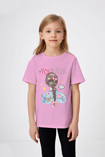 ADABEBEK Braided Hair Detail Printed Girl's T-Shirt