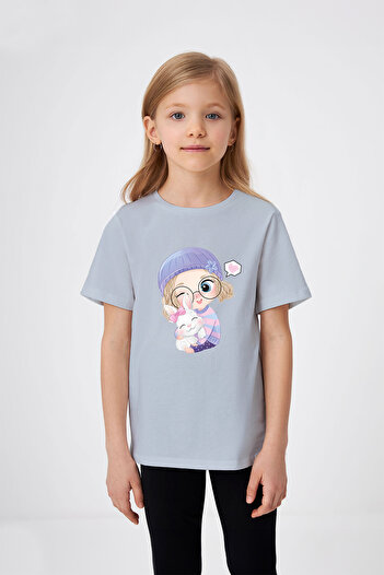 ADABEBEK Cute Rabbit Detailed Girl with Hat Printed Girl's T-Shirt