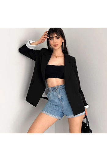 pembekurdelem Women's Sleeve Foldable Liner Striped Buttonless Blazer Jacket Black