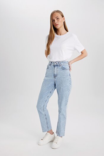 DeFacto Mary Vintage Straight Fit High Waist Cuffed Ankle Length Jean Washed Pants B6524ax24sp