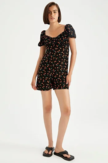 DeFacto Cherry Patterned Heart Collar Relax Fit Sustainable Mini Jumpsuit U6852az22sm