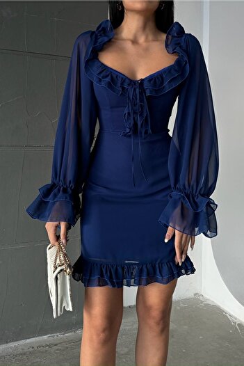 vuvutasarım Navy Blue Chiffon Fabric Collar Lacing Skirt Ruffle Detail Tulle Long Sleeve Mini Dress 084