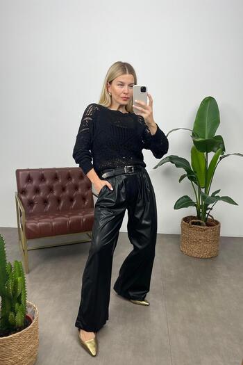 Sue Store Black Pipe Leg Belted Leather Trousers