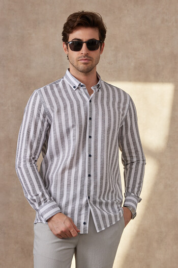 RAVANELLI Striped Modern Slim Fit Linen Look 100% Cotton Long Sleeve Men's Shirt