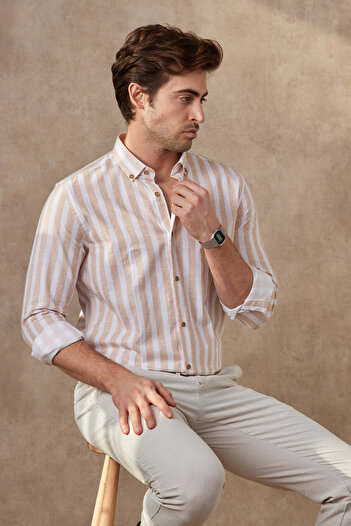 RAVANELLI Striped Modern Slim Fit Linen Look 100% Cotton Long Sleeve Men's Shirt