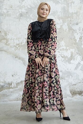 InStyle Floral Velvet Pocket Chiffon Dress Red