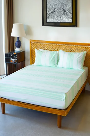 ÇARŞAF DÜNYASI Striped Patterned Elastic Sheet Set Green-White (Duvet Cover Fabric) Single, Double