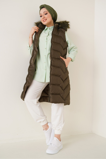 Bigdart T10233 Hooded Long Hijab Vest - Khaki
