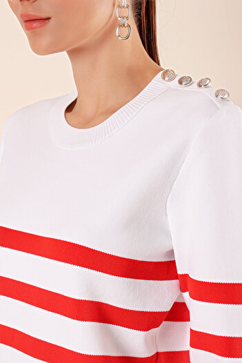 Bigdart 15820 Button Detail Striped Sweater - C.red