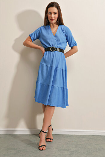 Bigdart 2377 Belted Knitted Dress - Blue