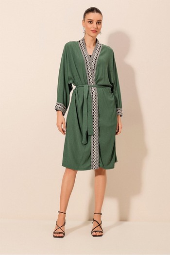 Bigdart 5865 Embroidered Knitted Long Kimono - Emerald Green