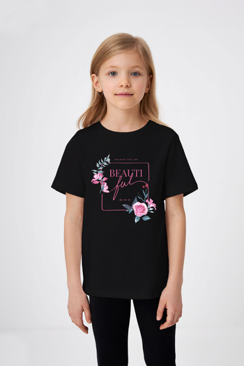 ADABEBEK Beautı Written Flower Patterned Girl's T-Shirt