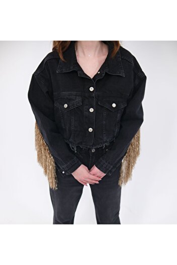 Ceylin Ceylan Χρυσή φούντα Glitter με κρόσσια Oversize Crop τζιν μπουφάν