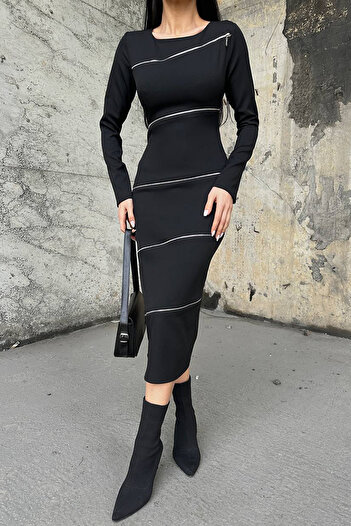 Ortaya Çık Black Zipper Detailed Design Midi Dress