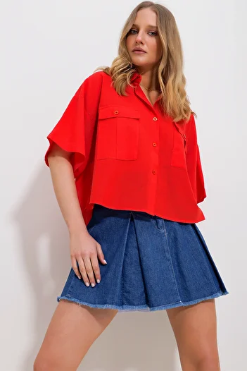 Trend Alaçatı Stili Women's Coral Double Pocket Half Sleeve Linen Shirt ALC-X9991