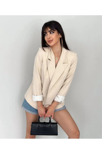 pembekurdelem Women's Sleeve Foldable Liner Striped Buttonless Blazer Jacket Stone