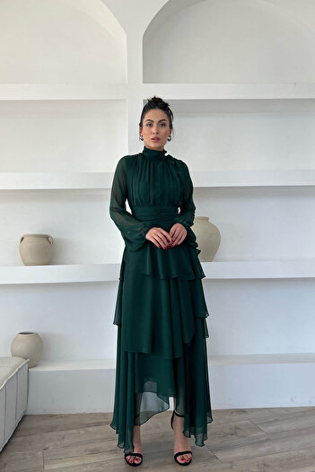 Seda Yalçın Atelier Emerald Green Turtleneck Dress with Drape Detail