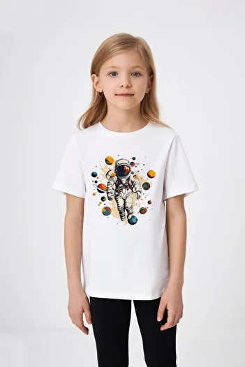 ADABEBEK Planets Themed Astronaut Printed Girl's T-Shirt