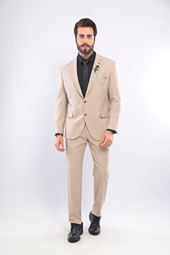 BS BLACK SMOKİN Men's Beige Slim Fit Mono Collar Straight Suit (with Gift)