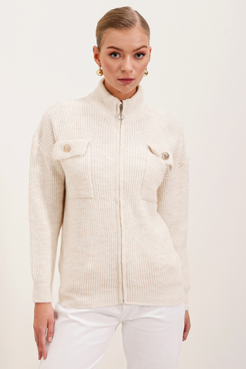 Bigdart 15862 Zippered Knitwear Cardigan with Pocket Detail - Ecru