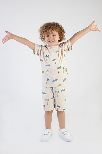 Harika KIDS Boy's Palm Tree Printed Striped Short Sleeve Shorts Top and Bottom Set
