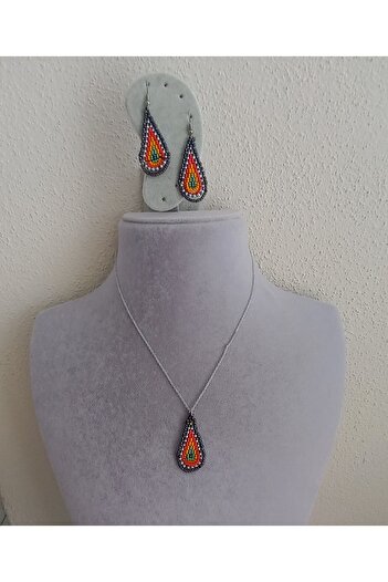 İPAR AKSESUAR Sand Bead Embroidery Handmade Earrings and Necklace Set