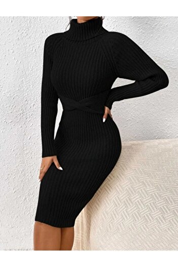 SolQ Kurdale Detaylı Fitilli Model Triko Elbise
