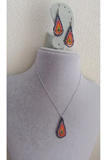İPAR AKSESUAR Sand Bead Embroidery Handmade Earrings and Necklace Set
