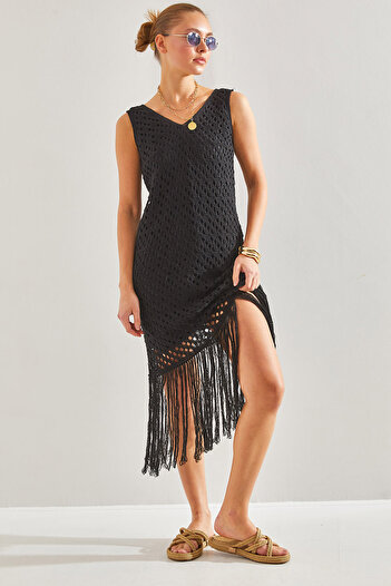 Bianco Lucci Women's Trimmed Lined Tassel Knit Dress20246063