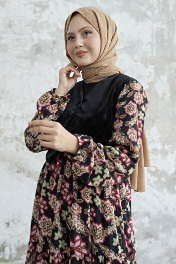 InStyle Çiçekli Kadife Cepkenli Şifon Elbise Kırmızı