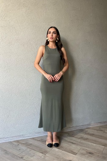Seda Yalçın Atelier Khaki Zero Sleeve Crew Neck Midi Dress