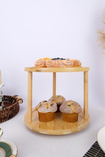 Digithome Bamboo 2 Layer 360° Serving and Presentation Tray with Rotating Stand Brown – A/10 C1-1-289