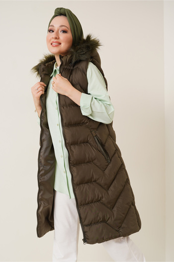 Bigdart T10233 Hooded Long Hijab Vest - Khaki