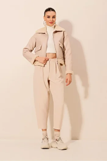 Bigdart 1039 Faux Leather Bomber Jacket - Ecru